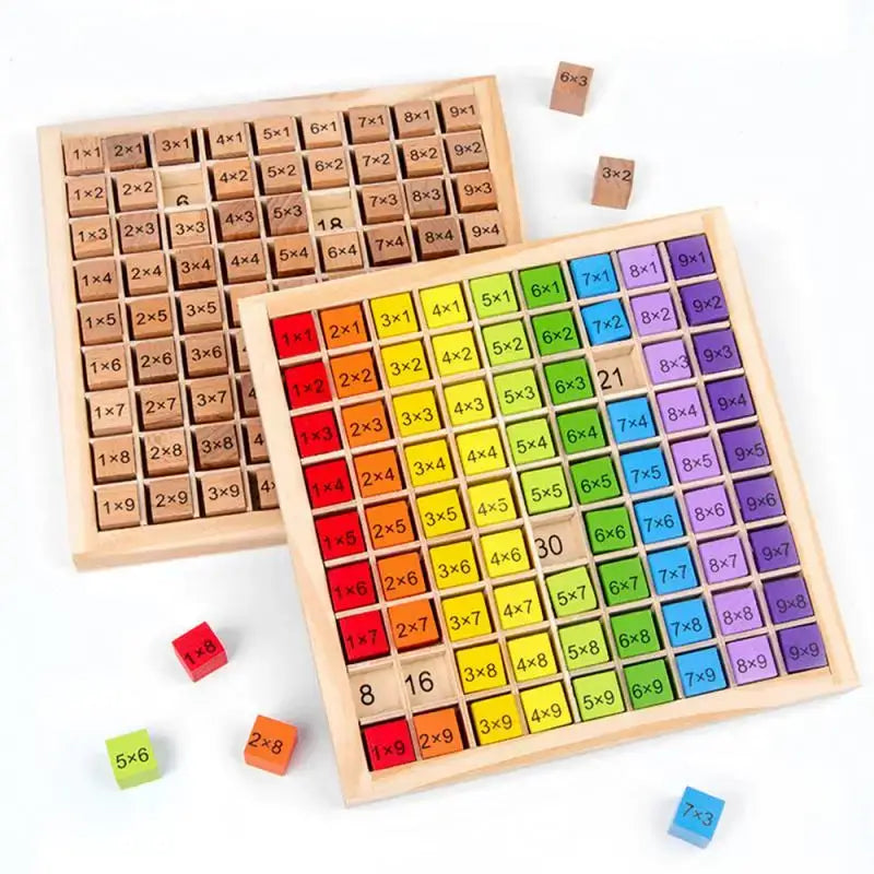 Multiplication board with colorful and wooden cubes featuring math formulas and answers for educational learning.