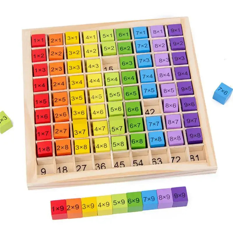 Colorful wooden multiplication board set with cubes displaying math formulas for educational play and learning.